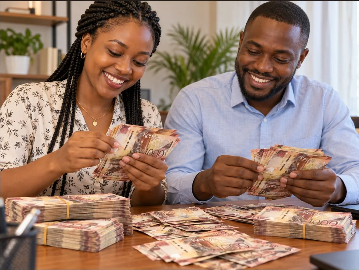 Two happy partners counting Kenyan shilling notes